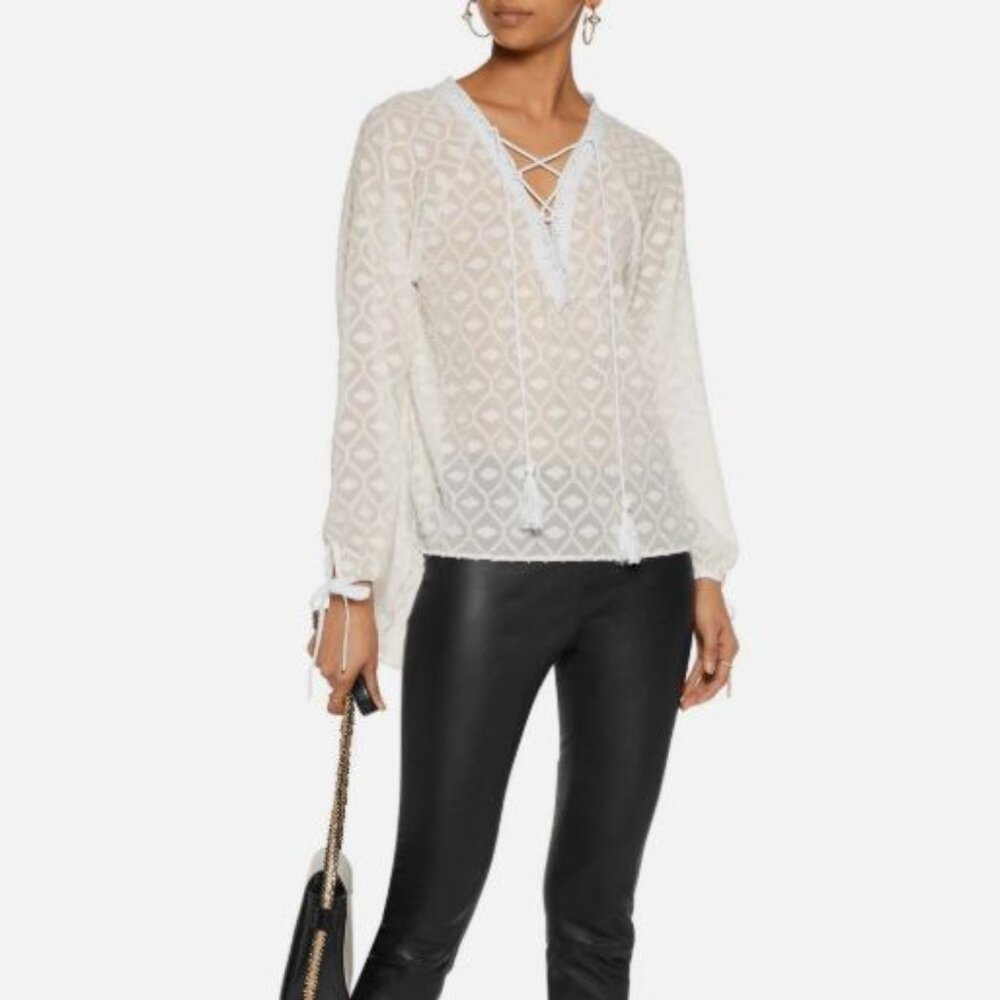 Walter Baker || Natalia Sheer Lace-Up Crochet-Trimmed Blouse